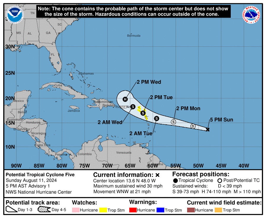 Current forecast track and advisories for Potential Tropical Cyclone #5. Image: NHC