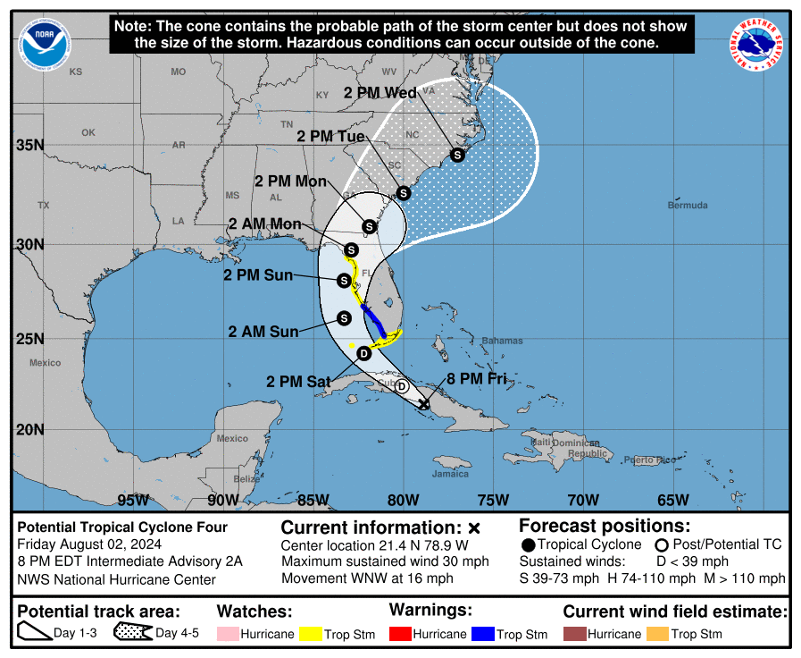 The National Hurricane Center has updated the track and posted watches for what will likely become Debby. Image: NHC