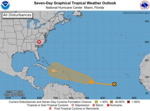 The latest Tropical Outlook issued by the National Hurricane Center marks an X near an area of disturbed weather which could become a tropical cyclone and move into the shaded orange area this weekend into early next week. Image: NHC