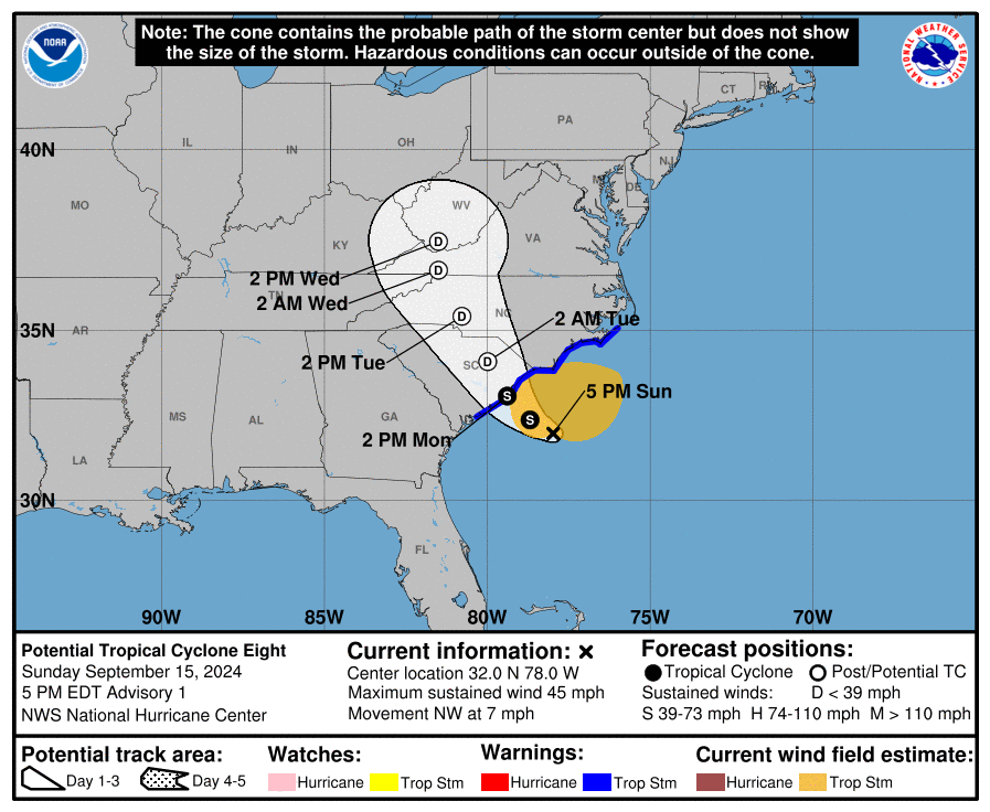 Latest forecast track for the new disturbance along the east coast.  Image: NHC