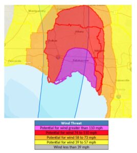 Destructive winds are likely to reach far inland due to Helene's size, intensity, and forward motion. Image: NHC