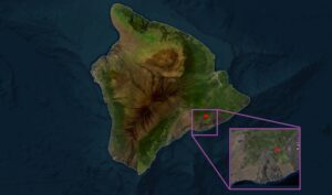 The lava area is shown via this NASA satellite image in red, with the area blown-up to view easier. Compared to the size of the island of Hawaii, this eruption is relatively tiny.  Image: NASA