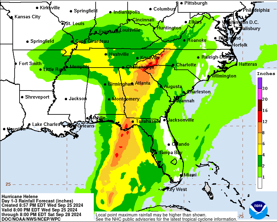 Significant flooding throughout the southeast is likely from Hurricane Helene; heavy rain far from the coast in the southern Appalachian Mountains could lead to landslides. Image: NHC