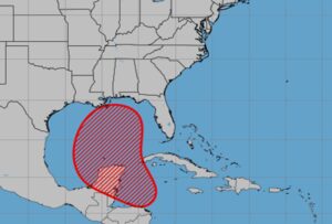 The area in red is being monitored for tropical cyclone development over the next 7 days by the National Hurricane Center. Image: NHC