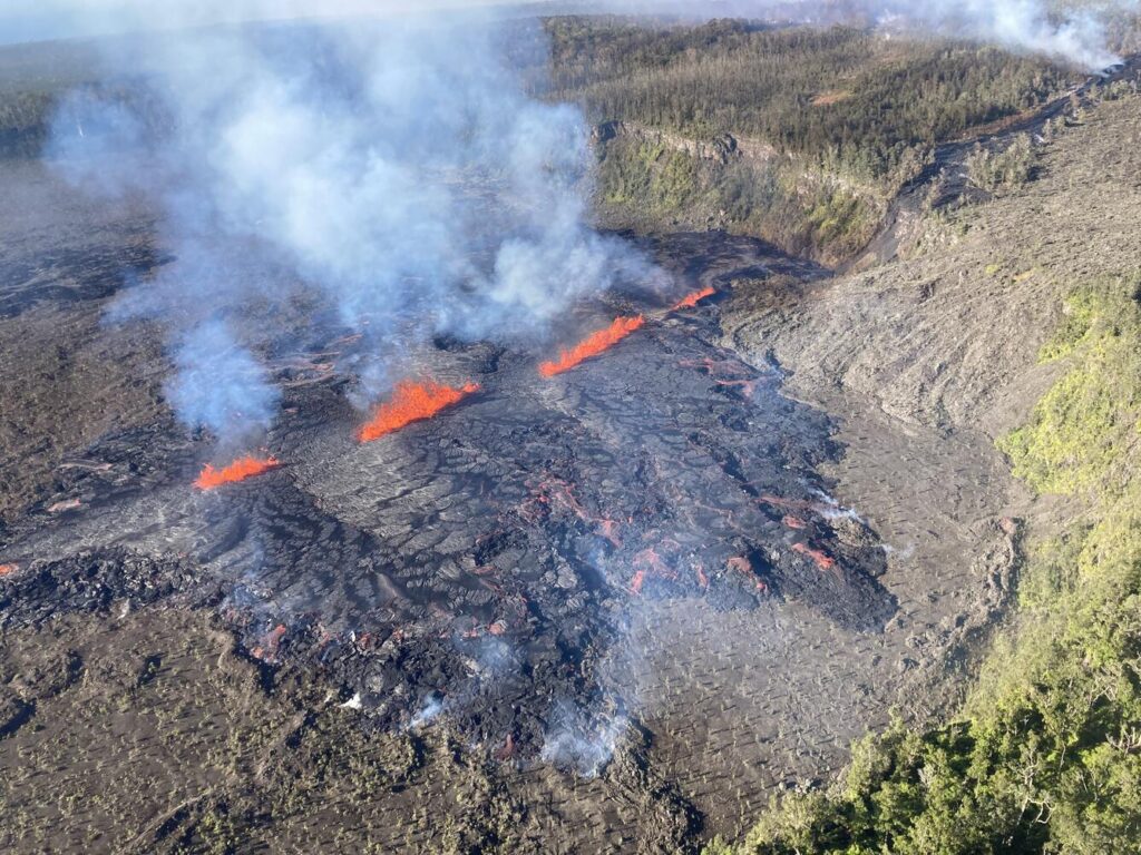 Lava is erupting from a line of cracks, also known as a fissure, on the Big Island of Hawaii today. Image: USGS