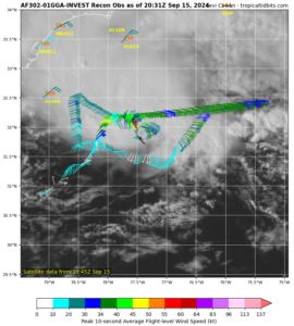 Current observations being made by the aircraft investigating the disturbance. Image: tropicaltidbits.com