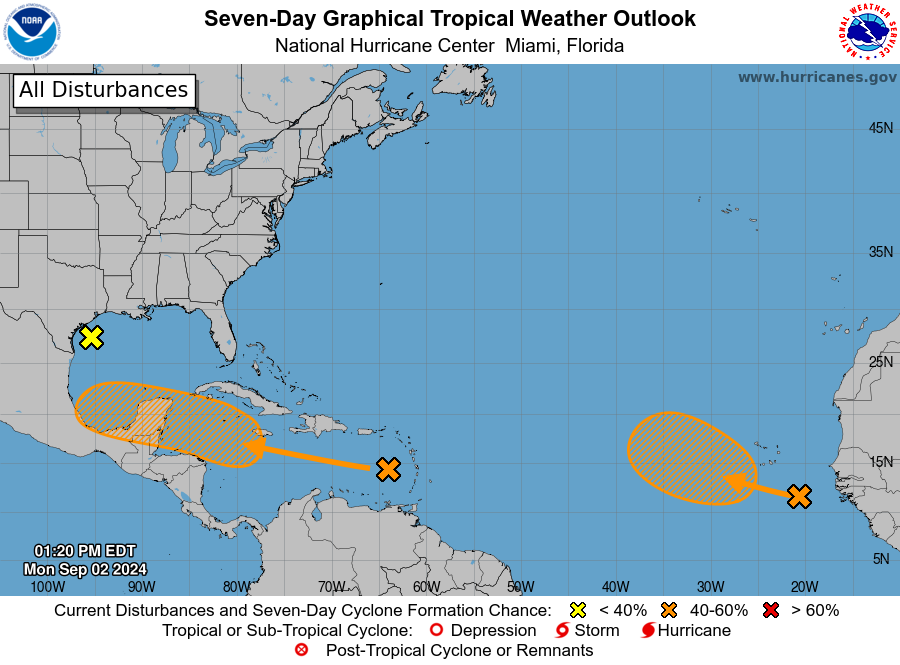 Today's Tropical Outlook from the National Hurricane Center shows no high-chance areas of tropical cyclone formation over the next 7 days. Image: NHC