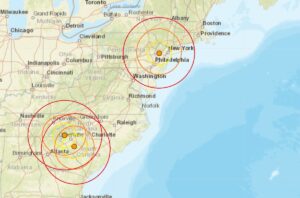 There were three earthquakes today in the eastern U.S., with an epicenter for each marked by an orange dot inside colored concentric circles. Image: USGS