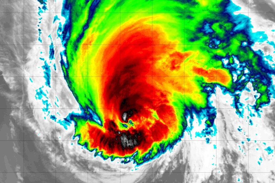 The latest satellite image from GOES-West shows a hurricane losing its clear definition and eye as it weakens. Image: NOAA