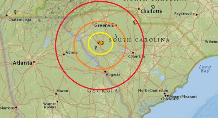 Today's earthquake swarm is impacting western portions of South Carolina; each orange dot within the colored concentric circles is the epicenter of an earthquake today. Image: USGS