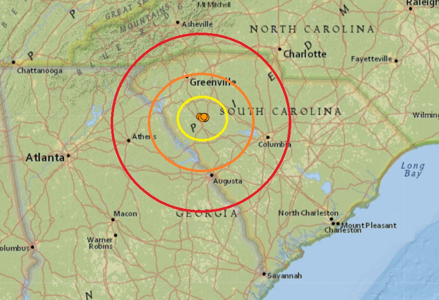 Today's earthquake swarm is impacting western portions of South Carolina; each orange dot  within the colored concentric circles is the epicenter of an earthquake today. Image: USGS