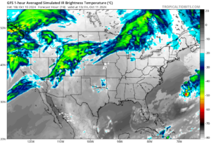 The American GFS forecast model shows clouds (in color) will be problematic for viewing aurora tonight. But portions of New Jersey, Delaware, and Oklahoma may be among the best places to see aurora in cloud-free skies. Image: tropicaltibdits.com