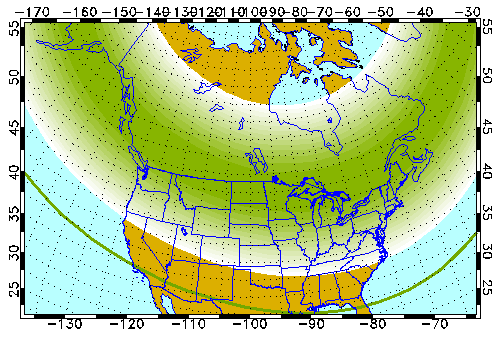 Latest aurora forecast map reflecting where aurora could be seen in cloud and light-pollution-free skies across North America.  Image: University of Alaska