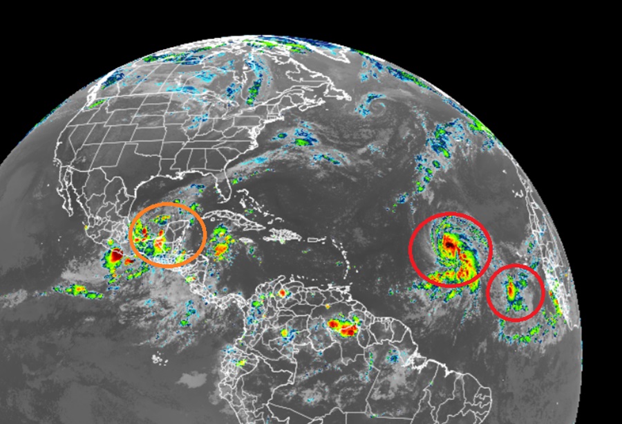 The National Hurricane Center is tracking three areas of concern in the Atlantic. In the middle is Hurricane Kirk; near the Gulf is a system that could develop over the next week. To the east of Kirk is another system likely to become a tropical cyclone soon. Image: NOAA