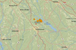 This ongoing earthquake swarm is occurring near Lake Greenwood in western South Carolina, half way between Greenville, South Carolina and Augusta, Georgia  and half-way between Atlanta, Georgia and Columbia, South Carolina.  Image: USGS