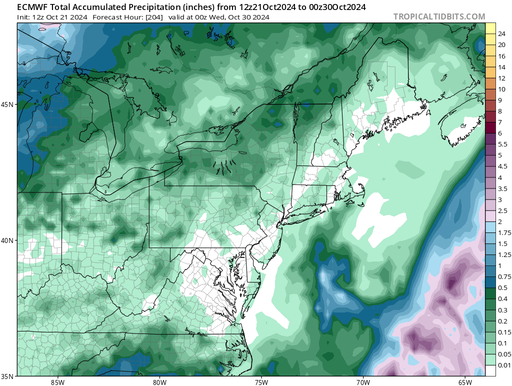 The white areas of this map reflect no expected precipitation over the next 10 days. Image: tropicaltidbits.com