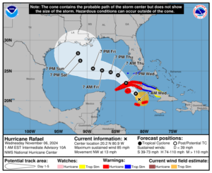 Latest forecast cone for Rafael by the National Hurricane Center. Image: NHC