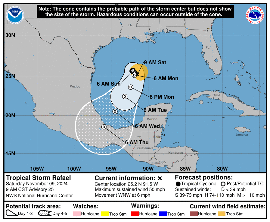 Rafael is expected to head south after drifting about in the middle of the Gulf of Mexico this weekend.  Image: NHC