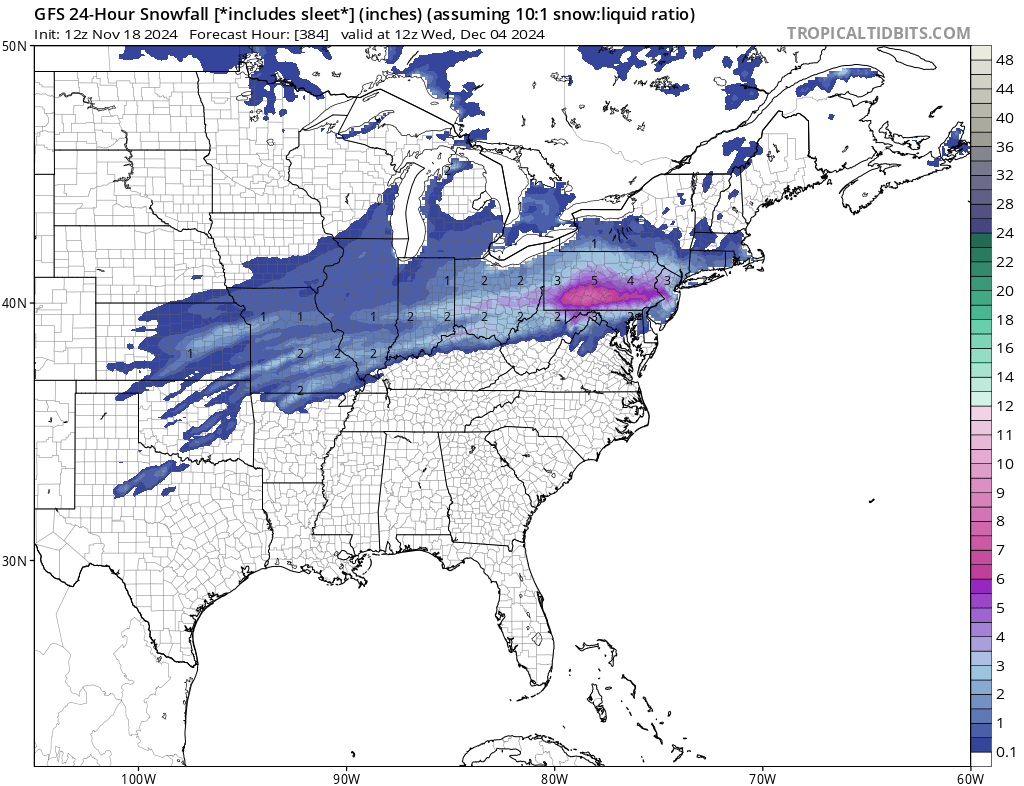 Some computer forecast models are suggesting the first week of December may be a snowy one across portions of the Mid Atlantic and Northeast.  Image: tropicaltidbits.com