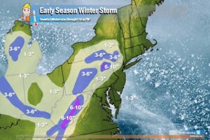 Up to 6-10" of snow is expected in portions of Pennsylvania, New York, and West Virginia from this early season winter storm. Much needed rain will fall at lower elevations. Image: Weatherboy