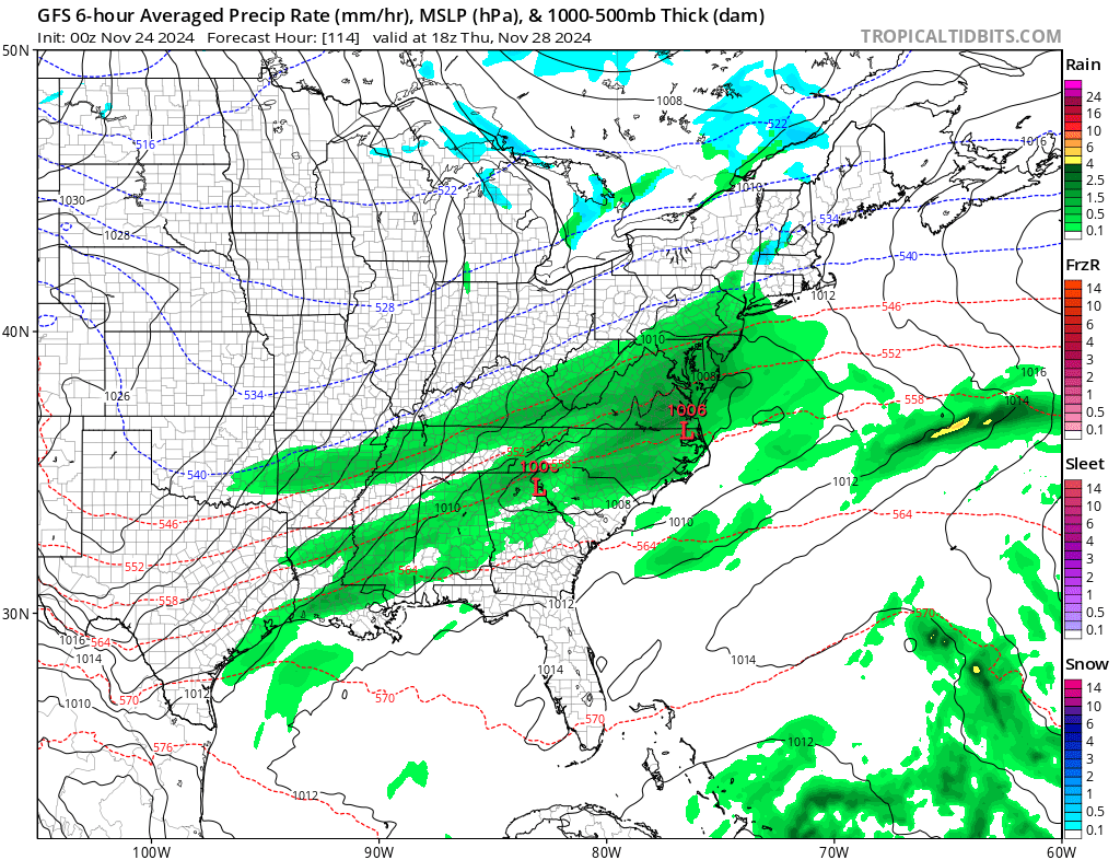 Latest American GFS model output for Thanksgiving afternoon. Image: tropicaltidbits.com