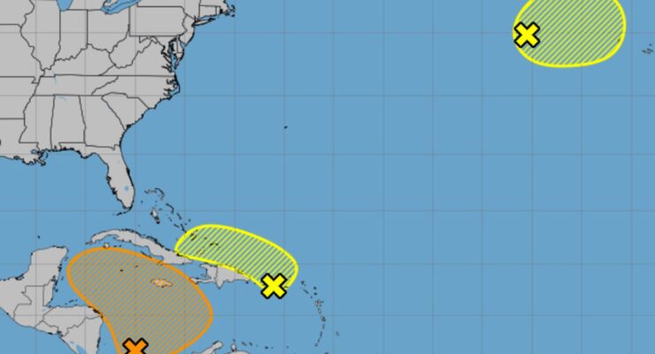 Three areas are being tracked for possible development around the Atlantic Hurricane Basin. Image: NHC