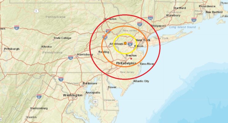 Today's aftershock had an epicenter at the dot inside the colored concentric circles. Image: USGS