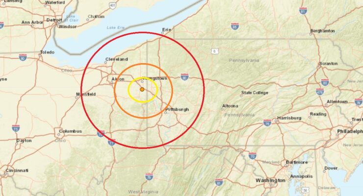 The epicenter of the earthquake was at the orange dot inside the concentric colored circles on this map. Image: USGS