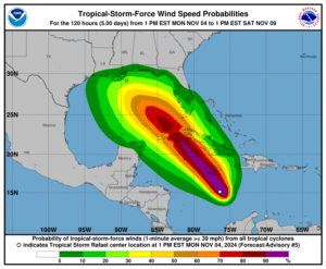 Tropical storm force winds are likely to spread into the Gulf of Mexico in the coming days ahead of any Gulf Coast landfall by Rafael. Image: NHC