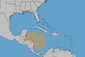 The area in orange is being monitored by the National Hurricane Center for potential tropical cyclone development over the next week. Image: NHC