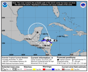 This new system, likely to be named Sara, will first bring impacts to Central America. It could move into the Gulf of Mexico and threaten the U.S. coastline next. Image: NHC