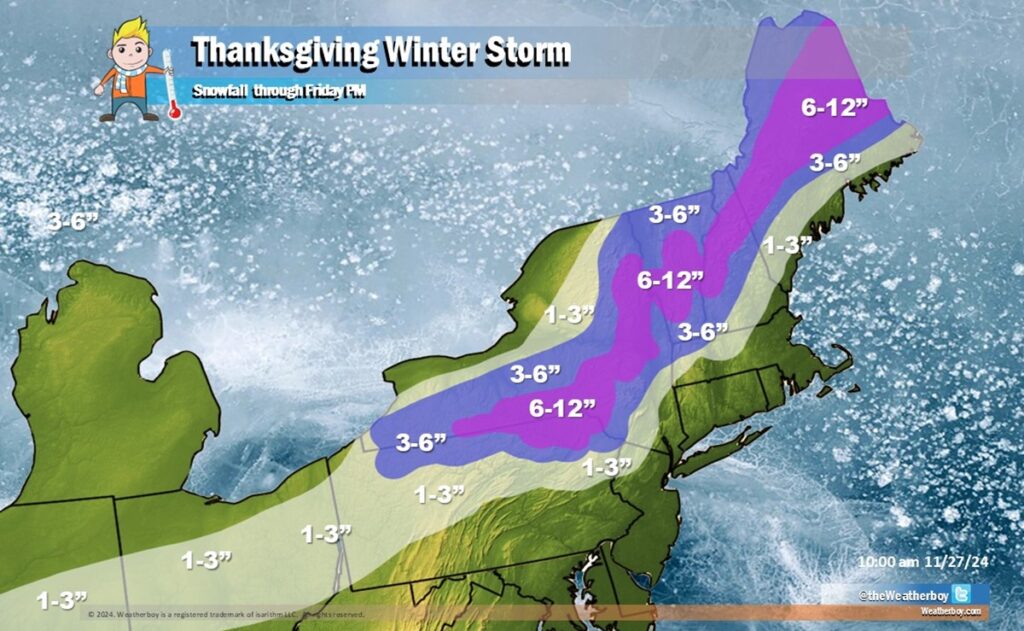 Snow will fall in the Northeast for Thanksgiving and Black Friday this year; here's expected snow amounts through Friday evening.  Image: Weatherboy