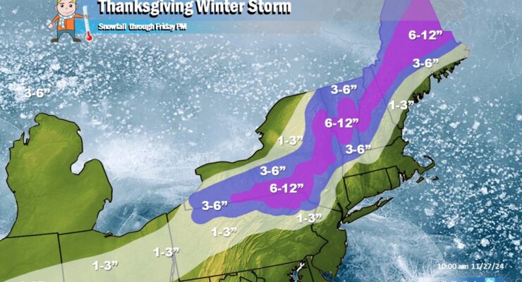 Snow will fall in the Northeast for Thanksgiving and Black Friday this year; here's expected snow amounts through Friday evening. Image: Weatherboy