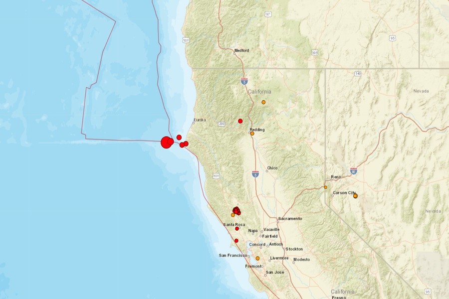 Each dot indicates the epicenter of an earthquake to strike the region within the last 24 hours, with the size indicating relative intensity and red indicating the most recent quakes. Image: USGS