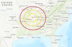 The epicenter of the earthquake is at the orange dot inside the concentric colored circles on this map. Image: USGS