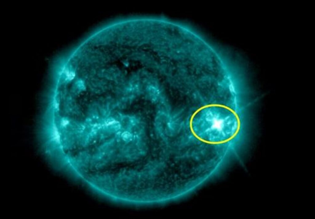 Region 3912 of the Sun produced a strong X2.2/2b X-Ray Flare on December 8 at 0906 UTC. The flare area is circled in yellow on this image.  Image: SWPC