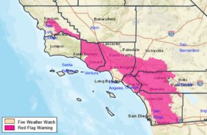 Red Flag Warnings are now in effect for portions of southern California including the area around Los Angeles. Image: NWS