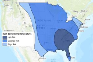 Very cold weather will be arriving into the U.S. in the coming weeks, with much below normal temperatures expected well into the deep south. Image: NWS