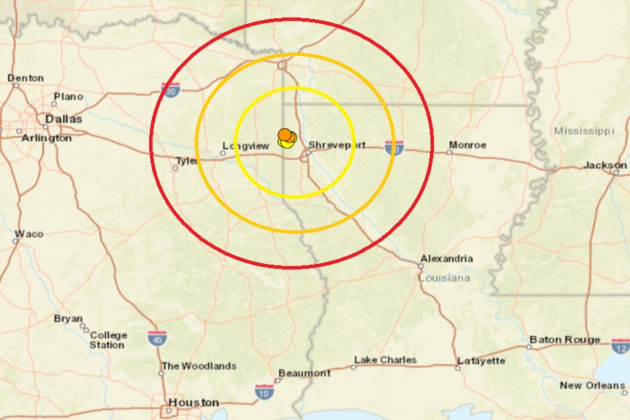 The epicenter of the earthquakes this week have been located at the dots on this map in northwestern Louisiana inside the colored concentric circles.  Image: USGS