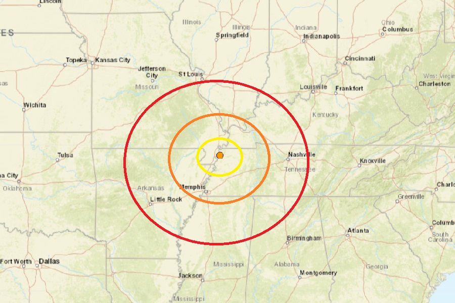 The epicenter of today's earthquake is at the orange dot inside the colored concentric circles on this map. Image: USGS