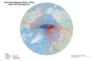 The magnetic poles on Earth continue to move, with the North Pole moving more than the South Pole. This image represents the Arctic polar stereographic images of declination with the north dip magnetic pole and blackout zone indicated. Image: NOAA NCEI