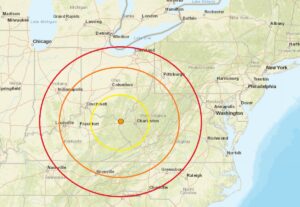 The epicenter of today's earthquake in Ohio is at the orange dot inside the colored concentric circles. Image: USGS