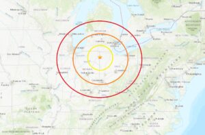 The epicenter of today's earthquake is at the orange star inside the concentric colored circles. Image: USGS