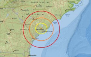 The epicenter of today's earthquake was at the orange dot inside the colored concentric circles. Image: USGS