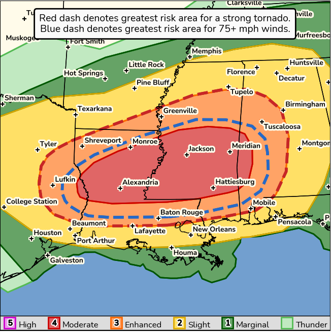 Severe weather will continue to impact the southern states today into tonight. Image: NWS