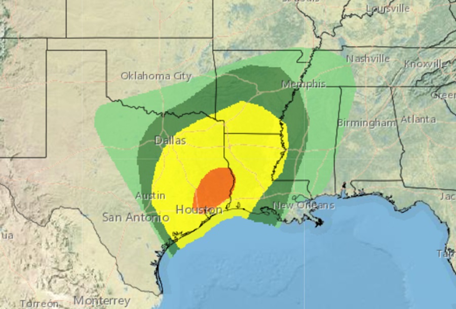 Thundershowers are possible in the color shaded areas on this map; dark green indicates a chance of severe storm activity while yellow indicates a high risk. The orange area is the most at risk of seeing severe weather in today's outbreak.  Image: NWS