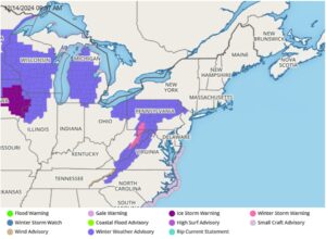 Winter Storm Warnings are up in the areas that are hot pink on this map; Winter Weather Advisories are up for a broader area. Image: weatherboy.com