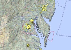 The areas in red are currently covered by a NOTAM. The one near the coast is up due to "space operations." Image: FAA