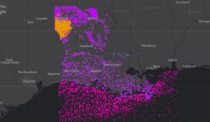 Each color dot reflects oil/gas production sites, many of which are fracking related, across Louisiana and nearby offshore waters.  Image: Fractracker Alliance