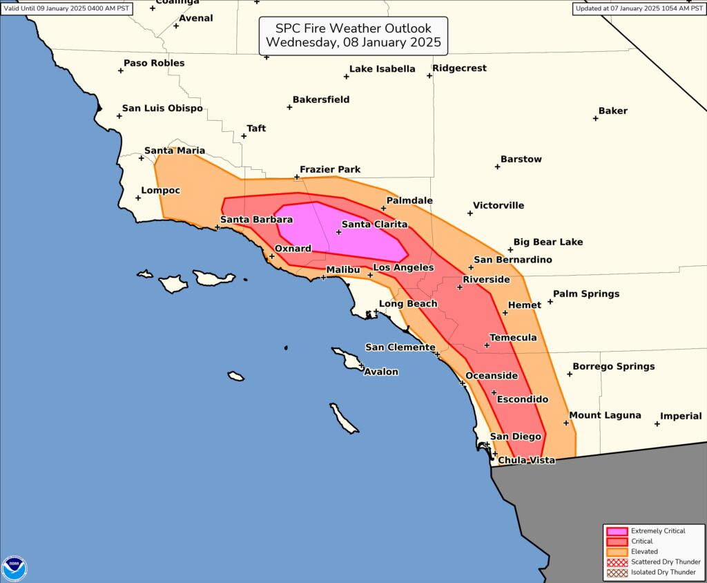 Fire weather conditions are ripe for the explosive spread of fire in the strong winds and very dry air. Image: NWS